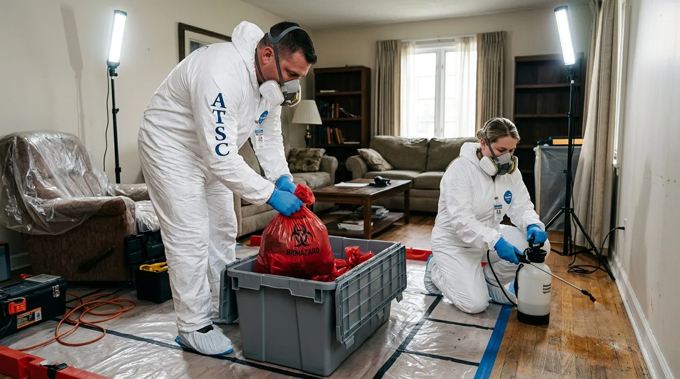Professional Hoarding Cleanup technician in full PPE working in West Henrietta